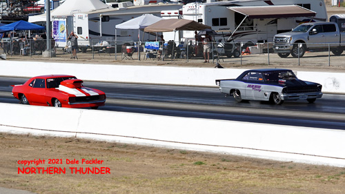 Rich Harrison - A/GAS - #7720 - '69 Camaro (near lane) 
vs Roy Castagnetto - AGAS - #7476 - '67 Nova - 'Solar Needs Racing' (far lane)